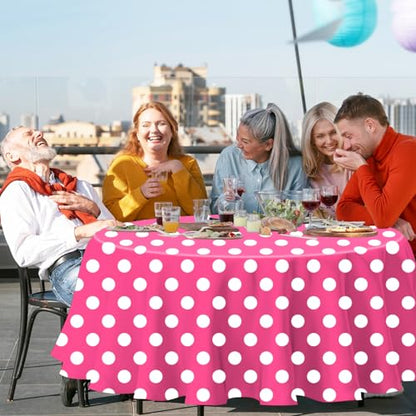 3 Pack Pink and White Polka Dots Round Tablecloth Pink Round Table Cover with White Polka Dot Plastic Table Cloth 84 in for Kitchen Dining Wedding Party