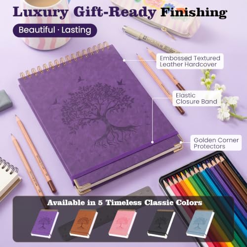 Blank Notebook Journal, Hardcover Sketchbook, 300 Page No Bleed Thick Paper | Spiral Notebook Large B5, Embossed Leather Unlined Sketch Pad for Women Men Kids Smooth Journaling Sketching Gifts, Lay Flat - color: Brown, size: B5 (7" x 10")