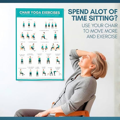 Chair Yoga Exercise Poster for Beginners & Seniors A3 | Double Sided Seated Yoga Chart with Instructions | Laminated Gentle Chair Exercises for Mobility & Flexibility
