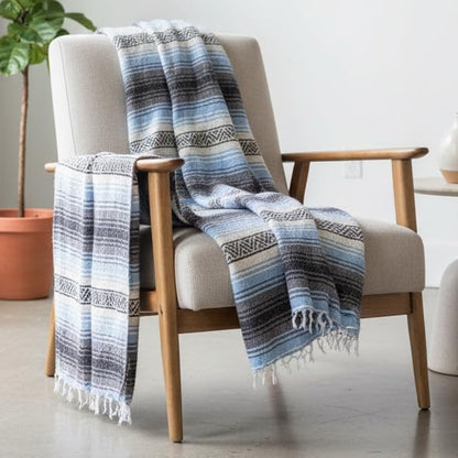 Open Road Goods Light Blue Mexican Blanket - Authentic Serape Falsa Blanket - Handmade - color: Light Blue