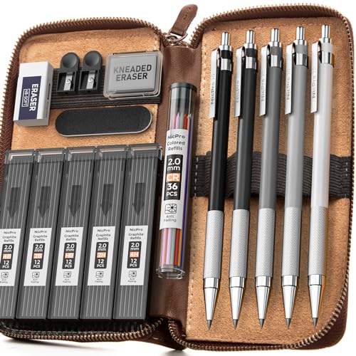 Nicpro 17PCS Metal 2mm Mechanical Pencil Set in Leather Case, 5 PCS 2.0 mm Lead Pencil Holders (4B 2B HB 2H 4H) 6 Tube Black Colored Lead Refills, Erasers, Sharpener For Art Drafting Sketching Drawing | Mechanical Pencil Pack, 5 PCS Lead Pencils, 6 Tubes