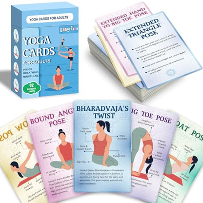 gisgfim Yoga Cards 92 Yoga Poses Workout Positions Flashcards with Instructions Cues and Sanskrit Names for Home Gym Use Beginner Advanced Learner Educational Activity Promote Mindfulness Relaxation