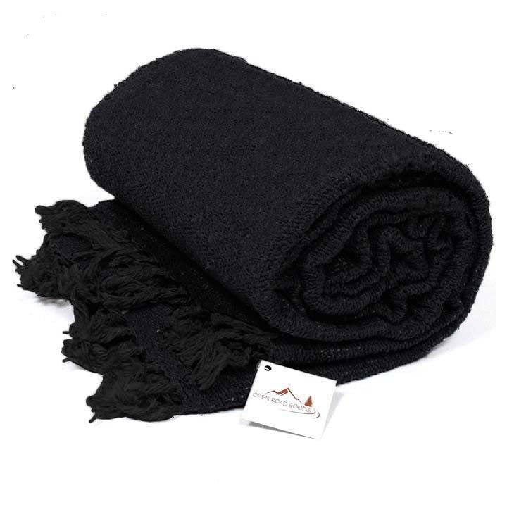 Open Road Goods Solid Color Mexican Yoga Blanket – Large Handwoven Throw for Yoga, Beach, Camping or Home – Soft and Durable Cotton Blend - color: Black
