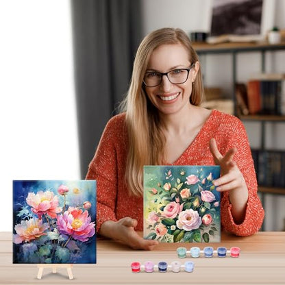 RoundFunny 8 Set Paint by Numbers Drawing Kit for Adults,Vibrant Blooms | 8x8 in. Mini Simple Painting Canvas Wooden Frame Easel Acrylic Paint Brush Funny Number Drawing Kit for Gift Wall Home Decor - style: Vibrant Blooms