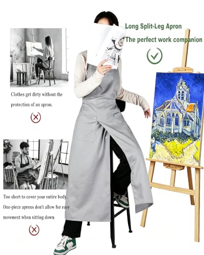 Pottery Split-Leg Make Ceramic Apron, Long Split-Leg Artist Painting Apron with 3 Pockets for Men and Women - color: Grey