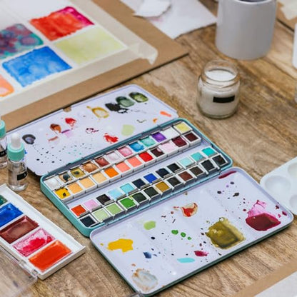 PATIKIL Empty Watercolor Palette, Metal Watercolor Tin with 28pcs Full Pans Paint Case with Lid Paint Box for Travel Gouache Oil Painting, Blue 28 Wells - color: Blue, style: 28 Wells