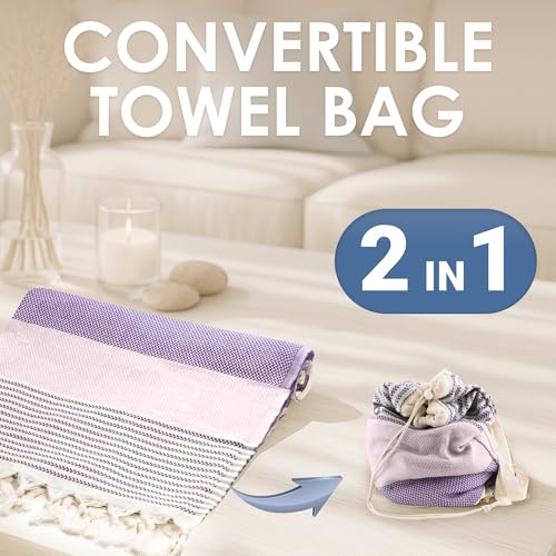 ATANI Turkish Beach Towel, Converts to a Bag, Oversized 100% Cotton Bath Towels Lightweight Quick-Dry Beach Blanket for Travel, Picnic, Camping, Yoga and Pool (Lavender, 71 inc x 39 inc) - color: Lavender, size: 71 inc x 39 inc