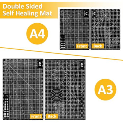 2 Pcs Large Cutting Mat Self Healing,Double Sided,Grid Line And Angles Help To Cut Precisely,Craft Mats for Scrapbooking, Quilting, Sewing and All Arts,Non Slip & Easy Clean ((A3 & A4 Black) - color: Black