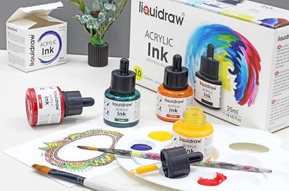 Liquidraw Acrylic Drawing Ink - 10 x 1.18 fl oz (35 ml) Bottles with Ink Dropper | Suitable for Painting, Art Drawing & Design | Great for Professionals, Artists, Students & Hobbyists | Craft Gift - style: Set of 10 (Assorted Colours)