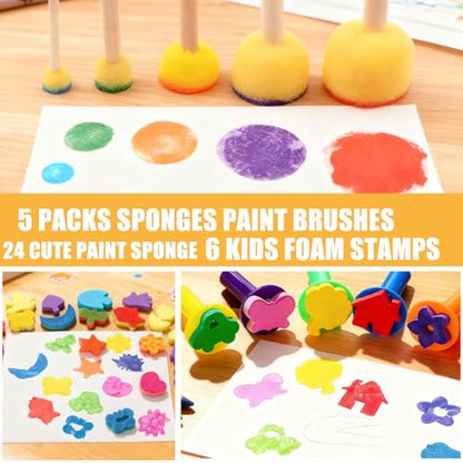 53-Pack Sponge Paint Brushes, Washable Painting Brushes | Toddler Painting Set, Early Learning Foam Roller Sponge Art Crafts Kit with Storage Bag, Creative Gift - style: 53 Pcs