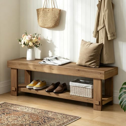 51.2" Solid Wood Bench, Long Farmhouse Narrow Entryway Bench, Natural - size: 51.2"W