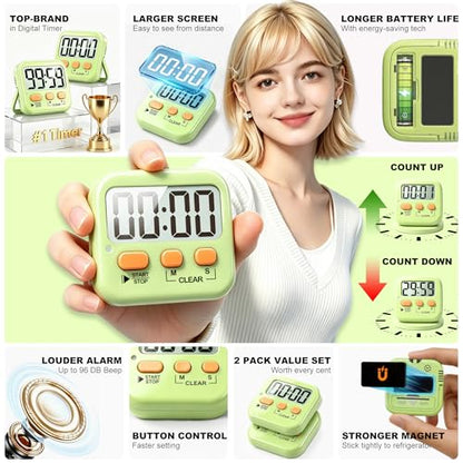 Antonki 2 Pack Digital Timer for Kids Classroom Kitchen Timers for Cooking | w/ Battery, Easy to View, Alarm, Mute Mode, Count Down/Up, Magnetic, Kickstand, Hanging, Classroom Timer for Teacher Supplies - color: Light Green