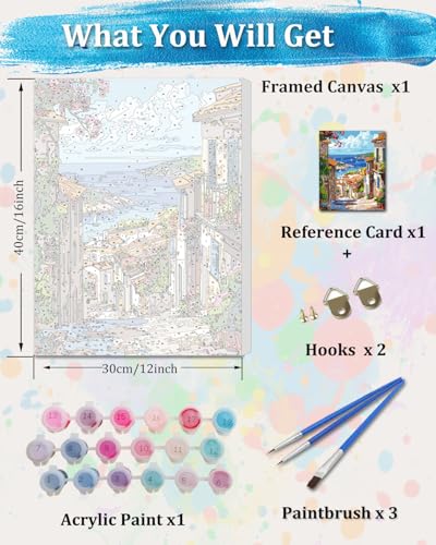 TOCARE Framed Paint by Numbers Kit for Adults, 12x16Inch Mediterranean Paint by Numbers with Frame, Greece Adult Paint by Number Framed Canvas Nature Scenery(Without Easel) - color: TC-F-208