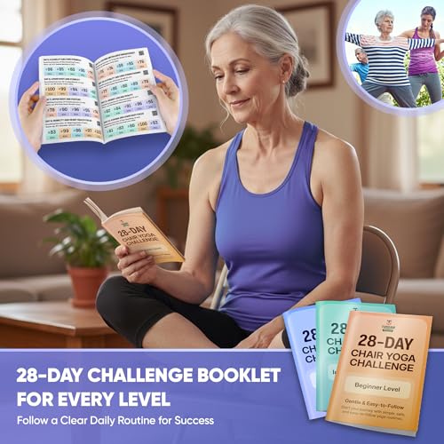 [100+ BIG CARDS] Chair Yoga for Seniors Over 60 - Chair Yoga Cards with Step-by-step Guides Full HD Videos, 28 Days Challenge for 3 Levels, Bonus 4 Rings & Wooden Base, Chair Exercises for Senior