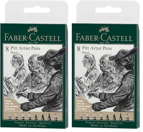 Faber-Castell PITT Artist Pen India Ink Pen - wallet of 8 - colour 199 black - XXS, S, F, M, B, C, 1.5, Fude Hard, (167158) (Pack of 2) - size: 8 Count (Pack of 2)
