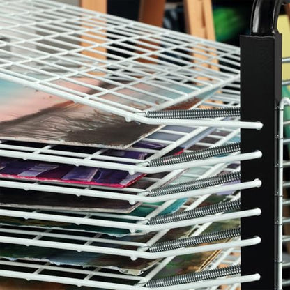Creative Mark Stack N Dry Floor Art Drying Rack, Mobile Art Rack Stand on Wheels with 20 Coated Metal Spring-Loaded Shelves, for Watercolor, Prints, Paper and Canvas Storage