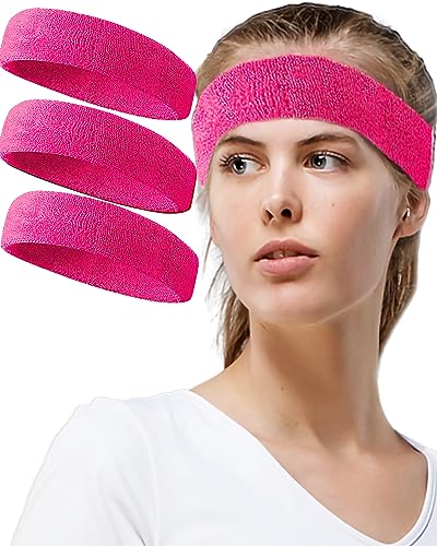 Tanluhu Sweatbands Sport Headbands for Working Out, Exercise, Tennis, Basketball, Running - Terry Cloth Athletic Sweat Cotton Headband Outdoor for Men & Women - color: Rose red/Rose red/Rose red