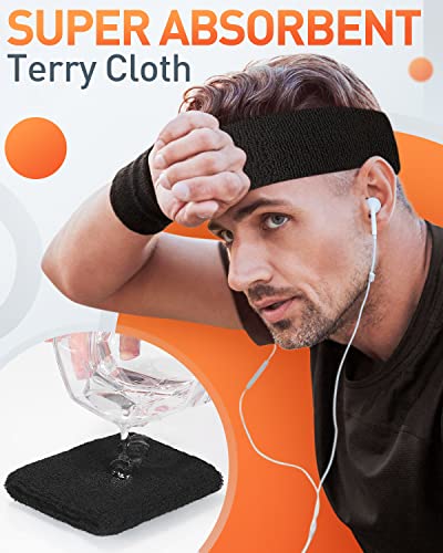 Tanluhu Sweatbands Sport Headbands for Working Out, Exercise, Tennis, Basketball, Running - Terry Cloth Athletic Sweat Cotton Headband Outdoor for Men & Women - color: Black/Black/Black