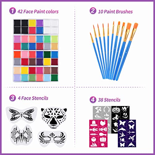 Face Painting Kit For Adult Party,42 Colors Professional Oil Face&Body Paint Kit with 10PCS Brushes 4PCS Reusable Face Stencils and 4PCS Paint Stencils for Adults Halloween Makeup
