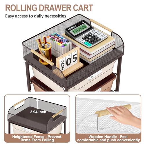 SYKIARIOL 4-Drawer Rolling Storage Cart with Mesh Top,Brown | Utility Craft Organizer Cart on Wheels with 4 DIY Labels, Rolling Drawer Cart for Home Office Classroom Bedroom - color: Gradient Brown