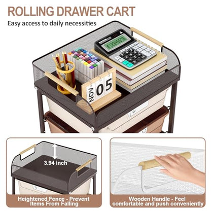 SYKIARIOL 4-Drawer Rolling Storage Cart with Mesh Top,Brown | Utility Craft Organizer Cart on Wheels with 4 DIY Labels, Rolling Drawer Cart for Home Office Classroom Bedroom - color: Gradient Brown
