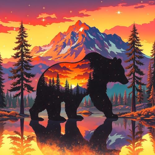 Paint by Numbers Kit for Adults, Sunset Bear Number Painting, 16 x 16 Inch | DIY Adult Paint by Number Kit on Canvas for Beginners, without Frame, Wildlife Wall Decor, Stress Relief Craft Gift - color: TRTDNF1P402