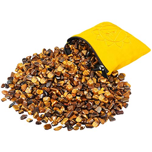 SUNYIK Tiger's Eye Tumbled Chips Stones with Solar Plexus Chakra Pillow | 0.5LB/230g Crushed Crystal Quartz Chips for 7 Chakra Healing Meditation Yoga Reiki Energy Balancing - color: Yellow/Yellow