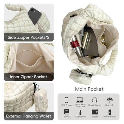 Puffer Tote Bag for Women, Large Quilted Puffer Bag with Pouch, Puffy Quilted Hobo Bag, Puff Crossbody Purse - color: 2-white