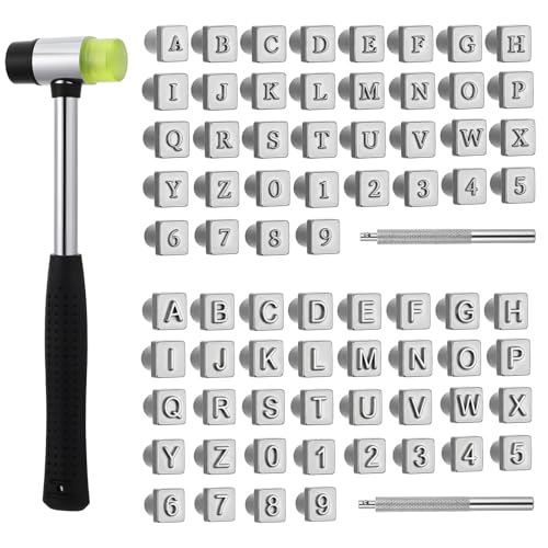 75 Pcs Leather Stamping Tools, Leather Carving Tools, Letters and Numbers Patterns, Leathers Carving Mallet, Leathercraft Stamping Tool Geometric for Leathers Working