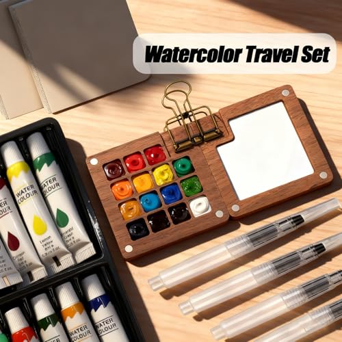 Tobeno1 Mini Watercolor Paint Set, Wooden Mini Portable Paint Palette Travel Kit, with Paint, Brush, Sketchbook & Copper Clip, for Beginners, Artists & Painting Enthusiasts (1 Set)