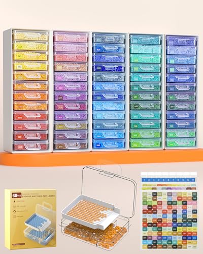 Redtwo 60 PCS Diamond Painting Storage Containers Trays, White | 3-in-1 Diamond Painting Trays with Lids, Detachable Trays, 5 Adjustabe Racks, Diamond Art Accessories, Diamond Art Storage - color: White