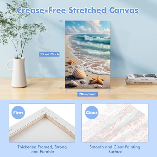 Bowetile Framed Paint by Numbers Beach Kit for Adults, Adults' Paint-by-Number Kits on Canvas, Painting by Numbers Seashell, Acrylic Landscape Number Painting Gifts for Home Wall Decor, 8x12in - color: Beach, Seashell