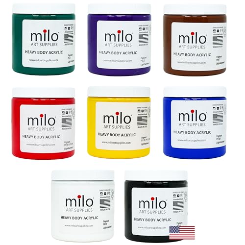 milo Heavy Body Acrylic Paint Set, 8 Primary Colors, 8 oz Jars, Semi-Gloss | Safe, Non-Toxic, Made in the USA, Arts & Crafts Paints for Artists, Student & Hobby Painters, Paint Pack, Classroom, Bulk - style: Heavy Body Set 8 x 8 oz
