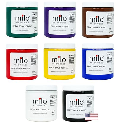 milo Heavy Body Acrylic Paint Set, 8 Primary Colors, 8 oz Jars, Semi-Gloss | Safe, Non-Toxic, Made in the USA, Arts & Crafts Paints for Artists, Student & Hobby Painters, Paint Pack, Classroom, Bulk - style: Heavy Body Set 8 x 8 oz