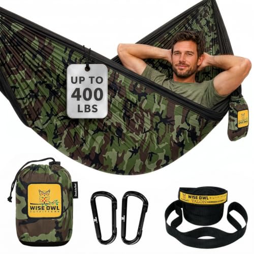 Wise Owl Outfitters Camping Hammock – 400lbs Portable Hammock with Tree Straps - Travel, Backpacking, Hiking, Outdoors Camping Gear - Single - color: Camo Black, size: Single
