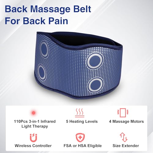Cordless Back Massager Belt - FSA-HSA Eligible Red Light Therapy Massage Belt with 5 Heating Levels,3 Vibration Modes, Lower Back Massager for Pain Relief Deep Tissue,4 Motors,Battery-Powered (Blue)