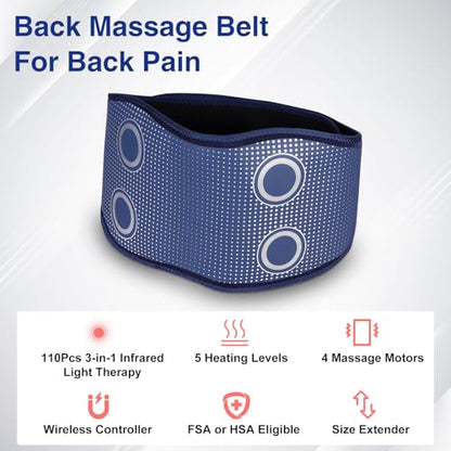 Cordless Back Massager Belt - FSA-HSA Eligible Red Light Therapy Massage Belt with 5 Heating Levels,3 Vibration Modes, Lower Back Massager for Pain Relief Deep Tissue,4 Motors,Battery-Powered (Blue)