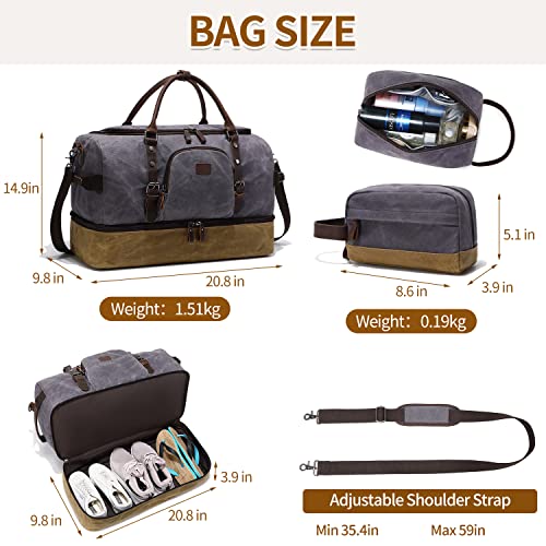 Nerlion Weekender Bag with Shoe Compartment Large Overnight Bag for Men Canvas Genuine Leather Carry on Luggage Bag Travel Duffel Bag(Gray) - color: Gray