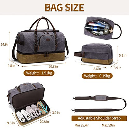 Nerlion Weekender Bag with Shoe Compartment Large Overnight Bag for Men Canvas Genuine Leather Carry on Luggage Bag Travel Duffel Bag(Gray) - color: Gray
