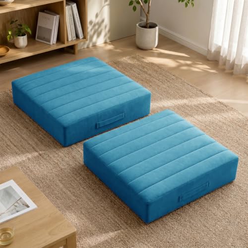 JKMAX 2 Pcs High Density Foam Floor Pillow - Upgraded Large Pillows Seating for Adults - Outdoor Floor Cushion with Soft Tufted Cover - Yoga Pillows for Sitting On Floor - 22 Inch Peacock Blue - color: Peacock Blue, size: 2 Counts