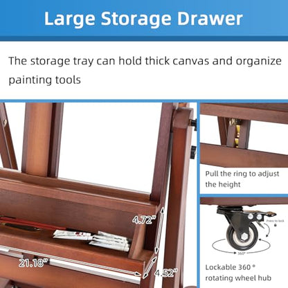 Falling in Art Extra Large H-Frame Studio Easel with Storage Tray (Walnut) | Solid Beechwood Artist Easel , Adjustable Canvas Holder Stand with Rolling Wheels for Painting Adult - style: Studio Easel Walnut