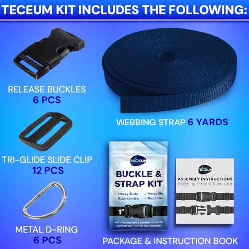 TECEUM 1" Nylon Strap Kit with Buckles, Navy Blue 6 yards Repair Set | Heavy duty hardware kit: 6yd webbing, 6 quick release buckles, 12 tri-glide slide clips, 6 metal D-rings for crafting. - color: Navy Blue, size: 1" - 6 yards, style: 6 Buckle - 12 Slid