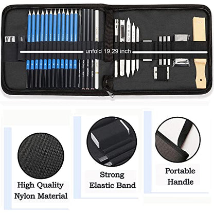 KALOUR 33 Pro Drawing Kit Sketching Pencils Set,Portable Zippered Travel Case-Charcoal Pencils, Sketch Pencils, Charcoal Stick,Sharpener,Eraser.Art Supplies for Artists Beginner Adults Teens