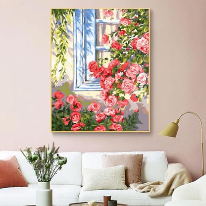 ZRIZQ Paint by Numbers Kit for Adults Beginner,Flowers Window,16x20 | Full set with wooden brushes,rolled canvas,rich paints.Calming activity.Beginner friendly.Just open and paint. - color: 16"X20"Rolled Canvas(Frameless)-Flowers 14