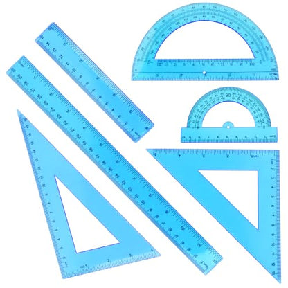 Plastic Clear Ruler Math Set - 6'' 12'' Transparent Straight Ruler, 4'' 6'' Protractor, 30/60 & 45/90 Triangle Ruler,Geometry Math Measuring Tool for School Office Drawing Teachers Kids Supplies Blue - color: Blue