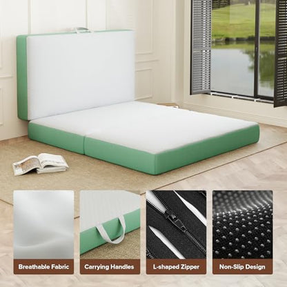 ROXGOX Memory Foam Trifold Mattress, 6 Inch Queen Foldable Mattress, Portable Floor Bed with Washable Cover, Handle & Non-Slip Bottom, for RV, Travel, Camping, Yoga, 78"x58"x6", White Green - size: Queen, style: 6 Inch-White