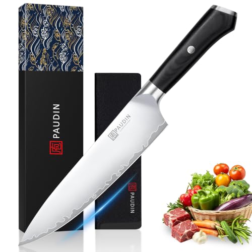 PAUDIN Chef Knife 8 Inch, Ultra Sharp Kitchen Knife 62 HRC, 9-Layer High Carbon Steel Professional Chefs Knife with Full Tang Ergonomic Wood Handle, Meat Vegetable Slicing Knife,Gift for Men Women - color: 8 Inch Chef Knife