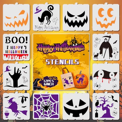 Halloween Stencils for Painting, 12 Pcs 6 Inch for Wood Signs Canvas | Reusable & Easy to Clean, Spooky Seasonal Icons, Party Crafts, Gift Tags, Classroom Projects, Beginner Friendly - color: Halloween 6"