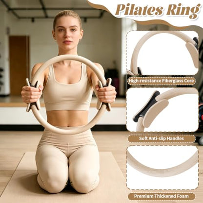 19 PCS Pilates Kit, Sand White/ Red Brown Pilates Sets with Yoga Block - color: sand white