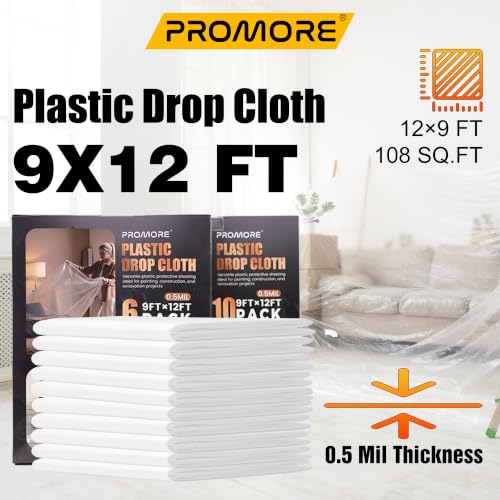 6 Pack Plastic Drop Cloth, 12x9 Ft, Disposable | Painter's Sheeting & Tarps for Painting, Furniture, Walls, and Floor Protection - size: 0.5mil-6Pack